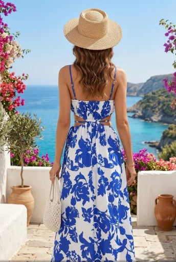 Blue Floral Cut-Out Waist Maxi Dress