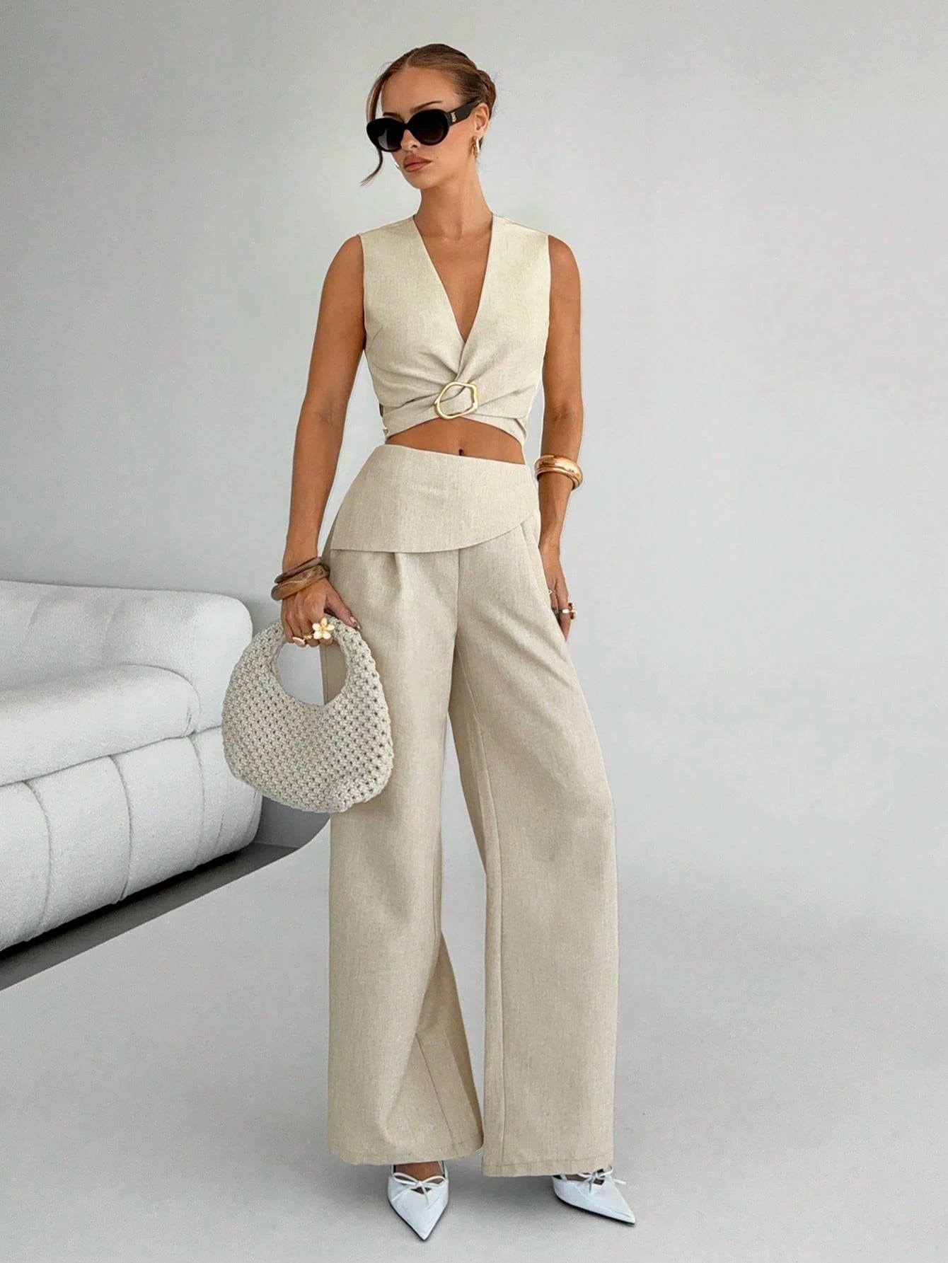 summer Chic Vacation Holiday Beige 2 Pieces Set For Women