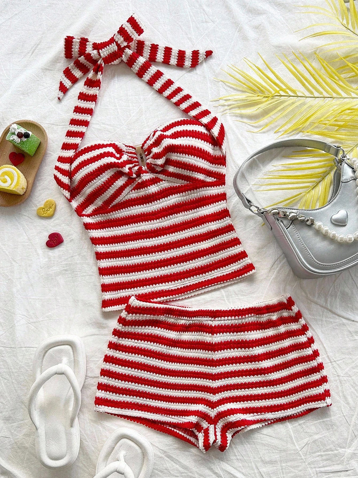 Women's Vacation Striped Halter Neck Tank Top And Shorts Set