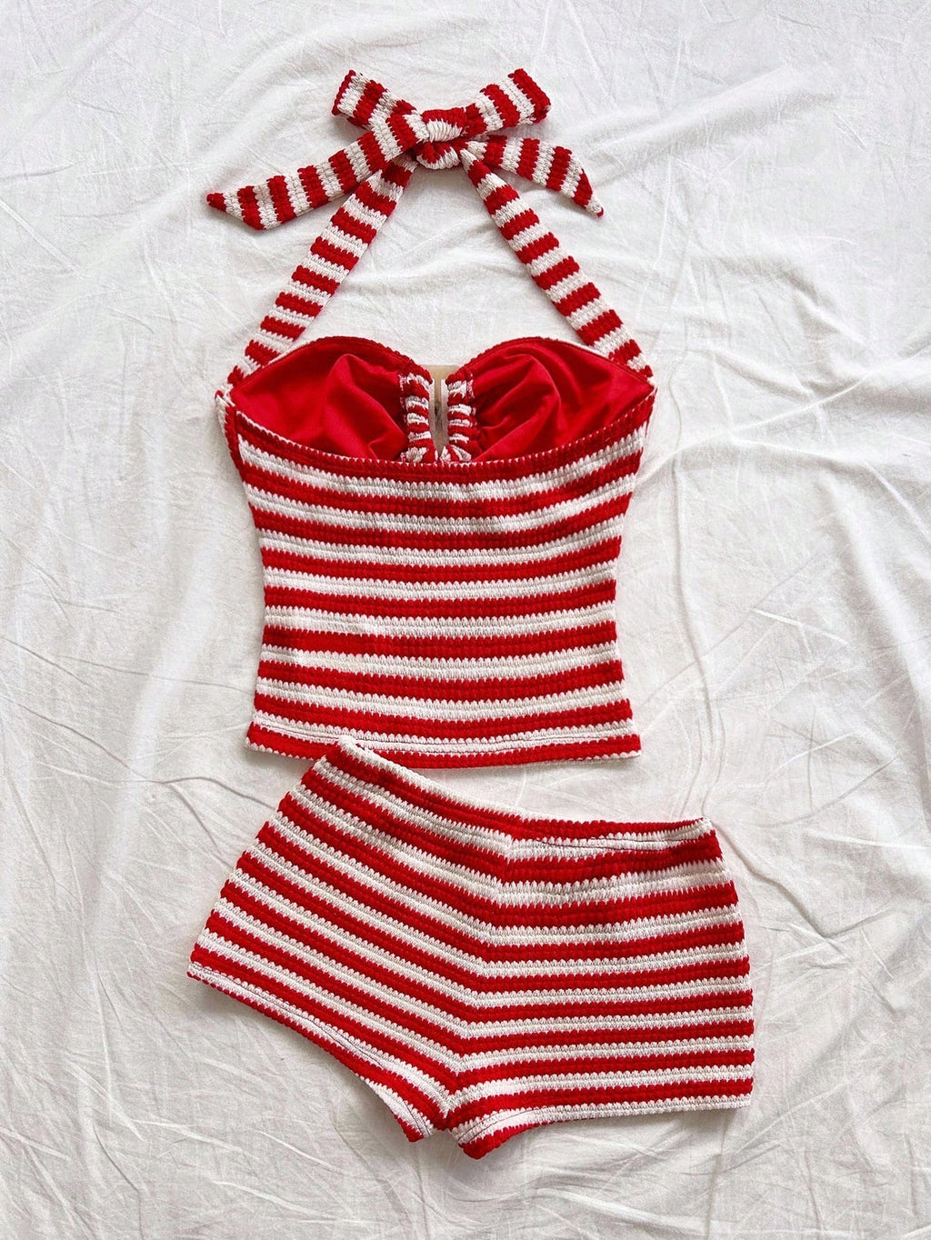 Women's Vacation Striped Halter Neck Tank Top And Shorts Set