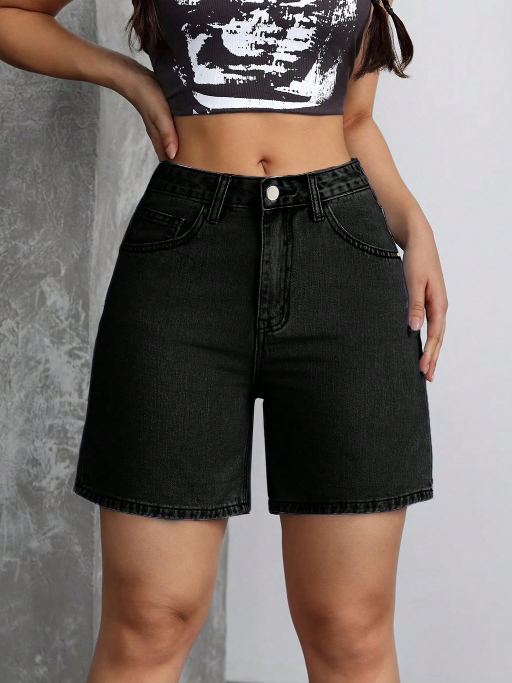 Solid Color Denim Shorts, Fashionable Casual Black For Summer