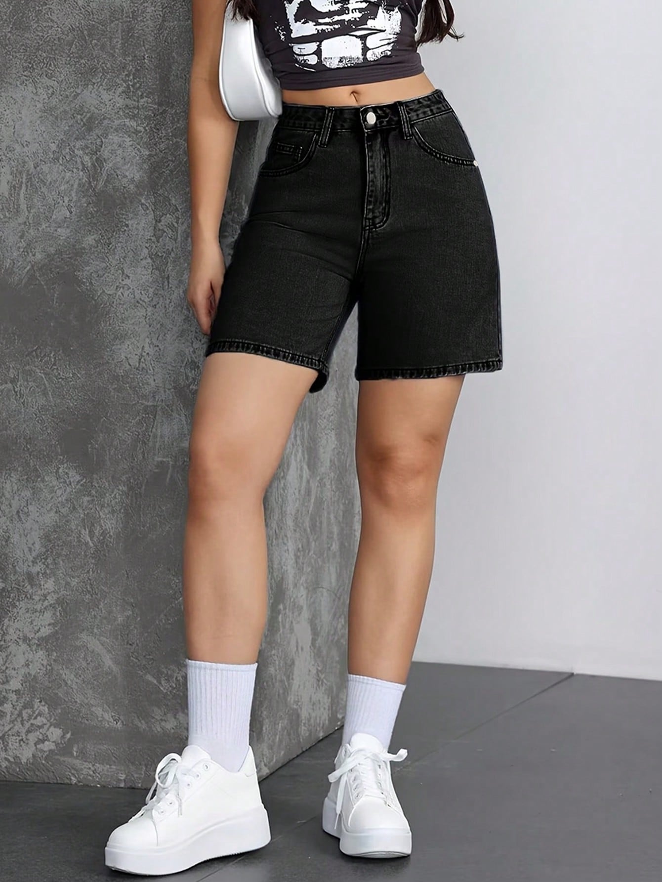 Solid Color Denim Shorts, Fashionable Casual Black For Summer