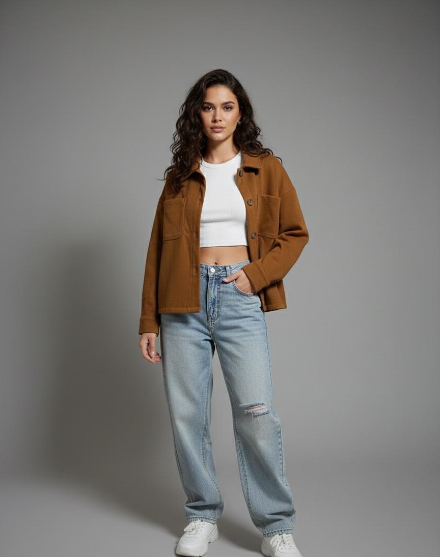 oversized jacket in a warm caramel-brown color. Features a relaxed, simple silhouette made from a thick, cozy fabric. - Small