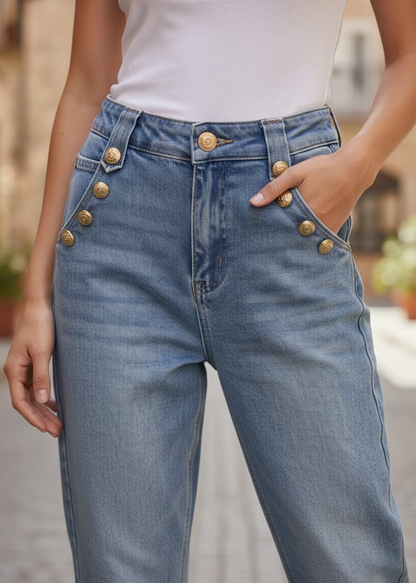 High-waisted, light-wash tapered jeans featuring decorative gold sailor buttons and an ankle-length cut. - XS
