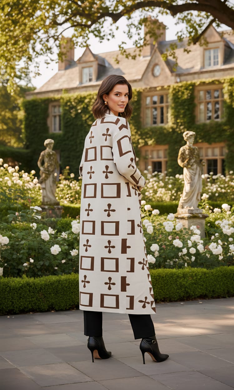 Longline, open-front knit cardigan,ethnic-inspired geometric print - Small