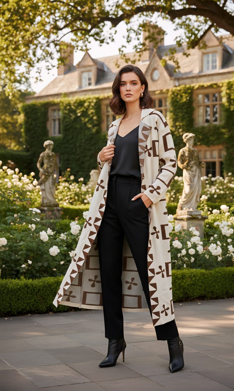 Longline, open-front knit cardigan,ethnic-inspired geometric print - Small