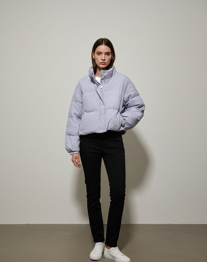 Solid Zipper Fly High Neck Drop Shoulder Puffer Coat - L