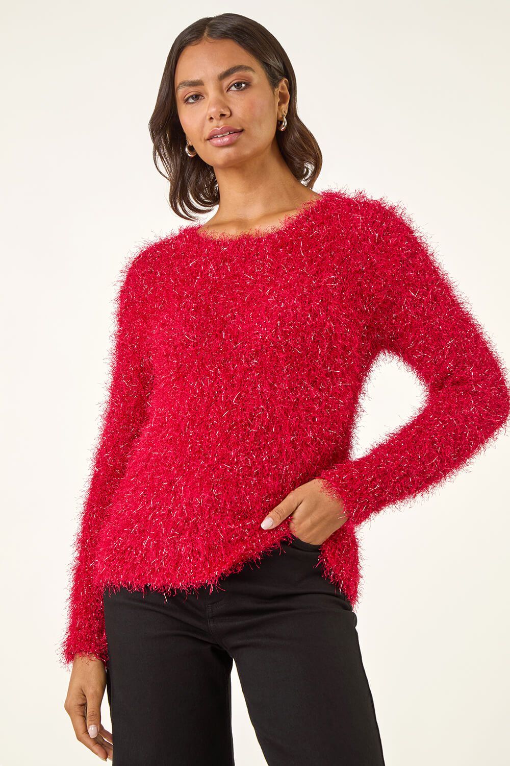 Textured Fuzzy Shaggy Knit Solid Sweater - L