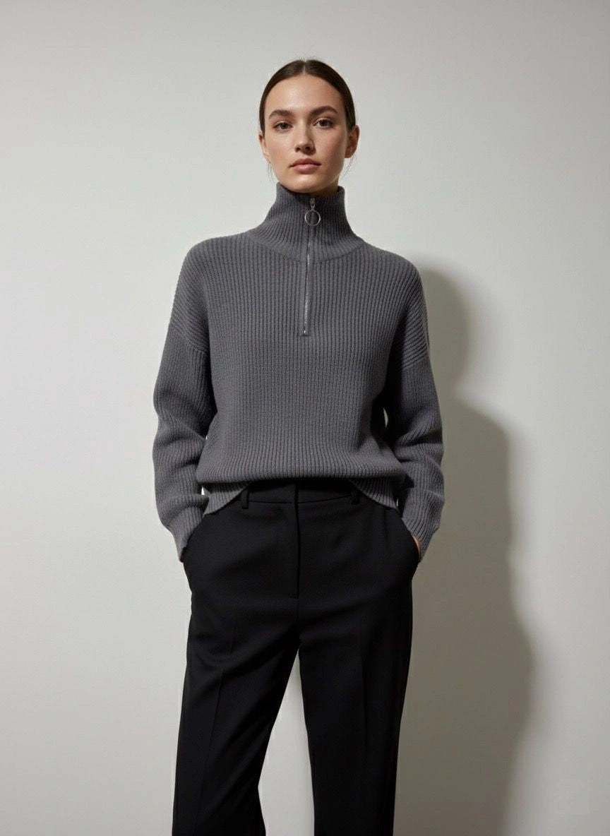 Solid Rib-Knit High Neck Drop Shoulder Sweater - Small