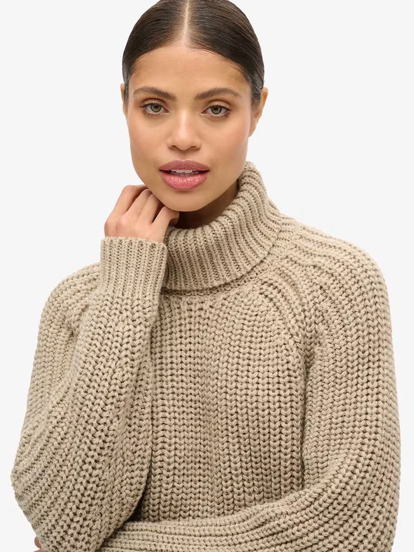 Slouchy Stitch Roll Neck Wool Blend Jumper, Soft Beige Marl - Small
