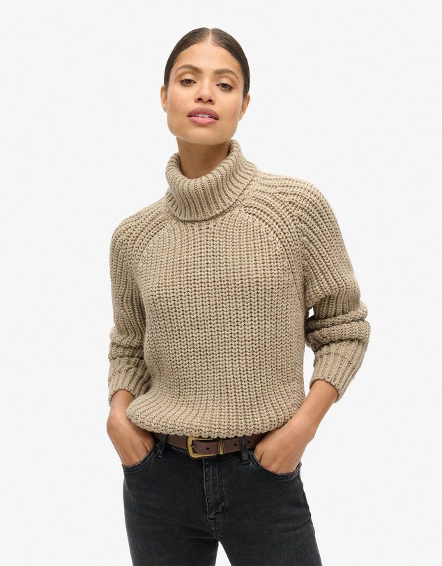 Slouchy Stitch Roll Neck Wool Blend Jumper, Soft Beige Marl - Small