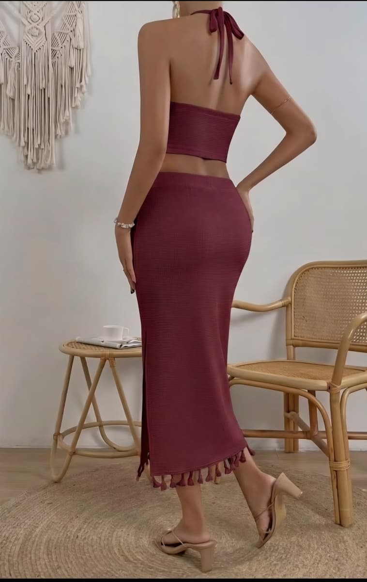 SHEIN VCAY Tassel Trim Crop Halter Top & Split Thigh Skirt