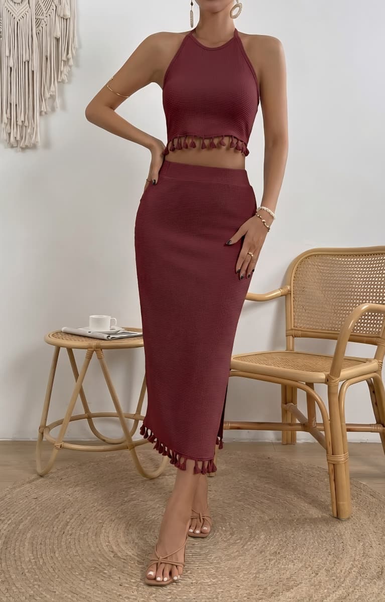 SHEIN VCAY Tassel Trim Crop Halter Top & Split Thigh Skirt
