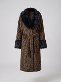 Long Leopard Print Coat with Black Fur Trim