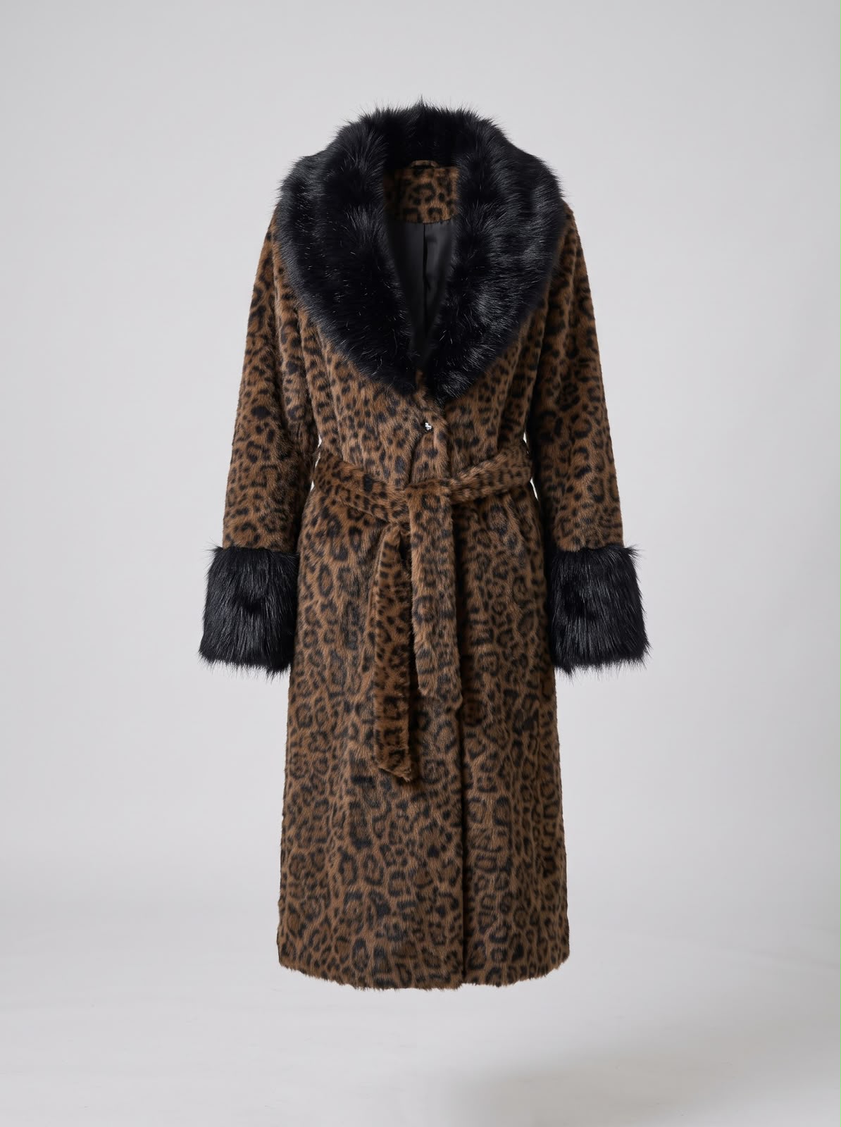 Long Leopard Print Coat with Black Fur Trim