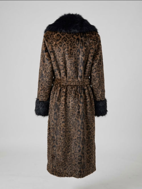 Long Leopard Print Coat with Black Fur Trim