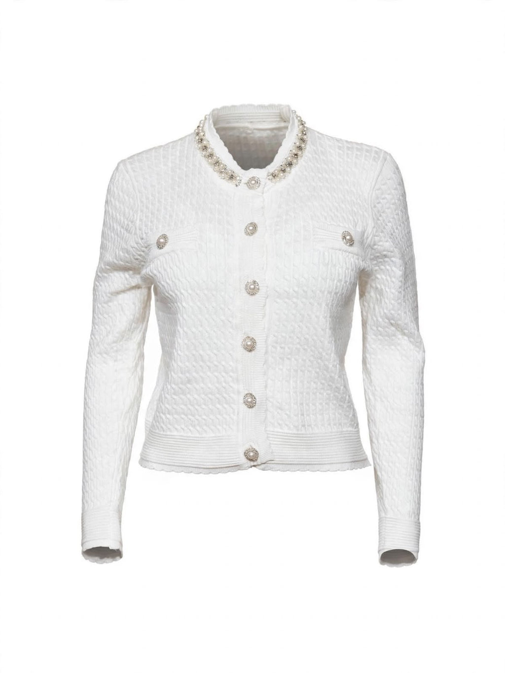 Ivory Cable-Knit Cardigan with Embellished Collar