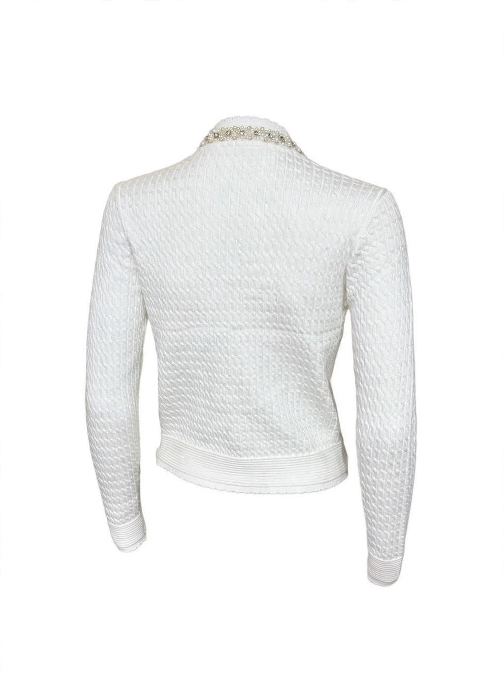 Ivory Cable-Knit Cardigan with Embellished Collar