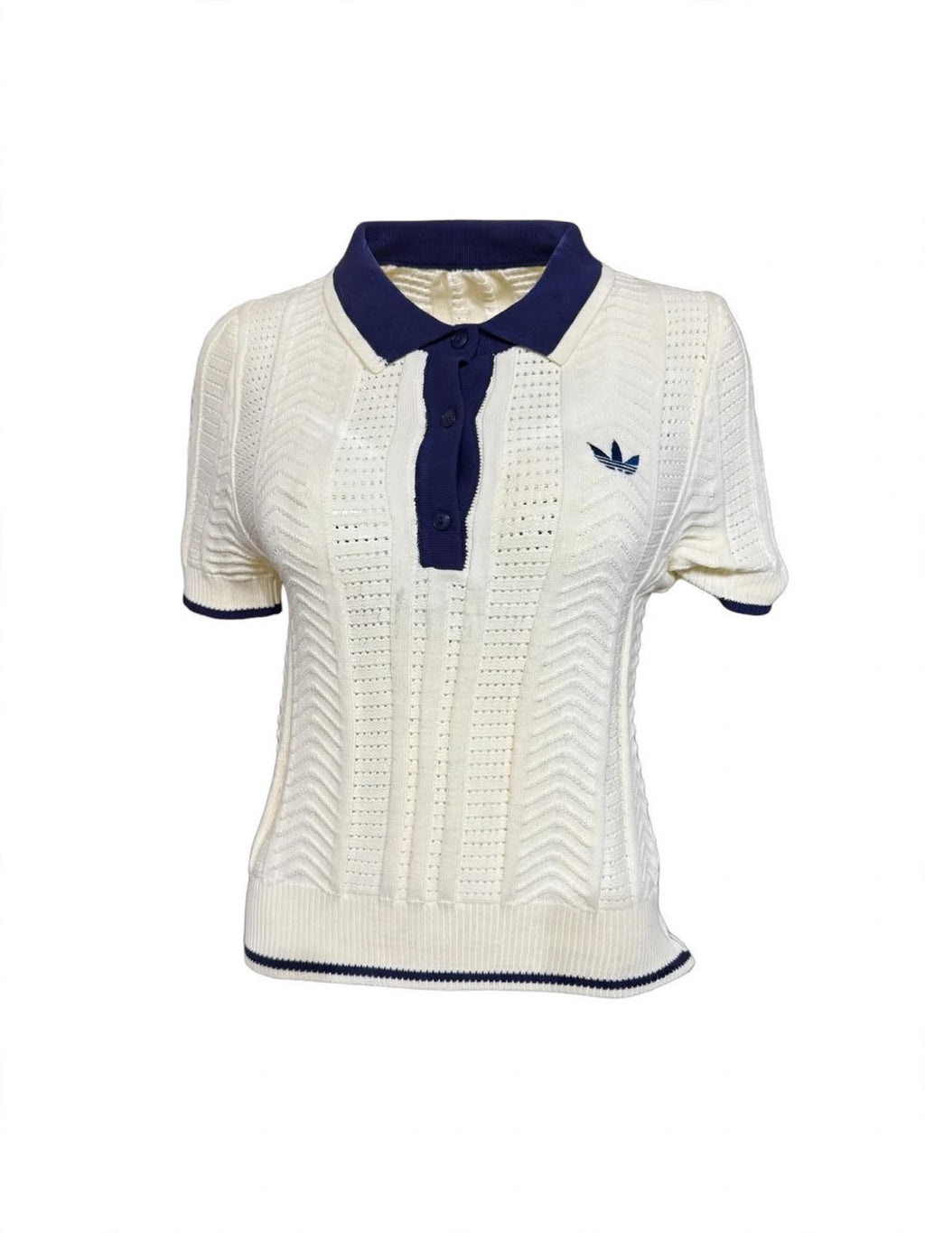 Cream Knit Polo Top with Navy Trim