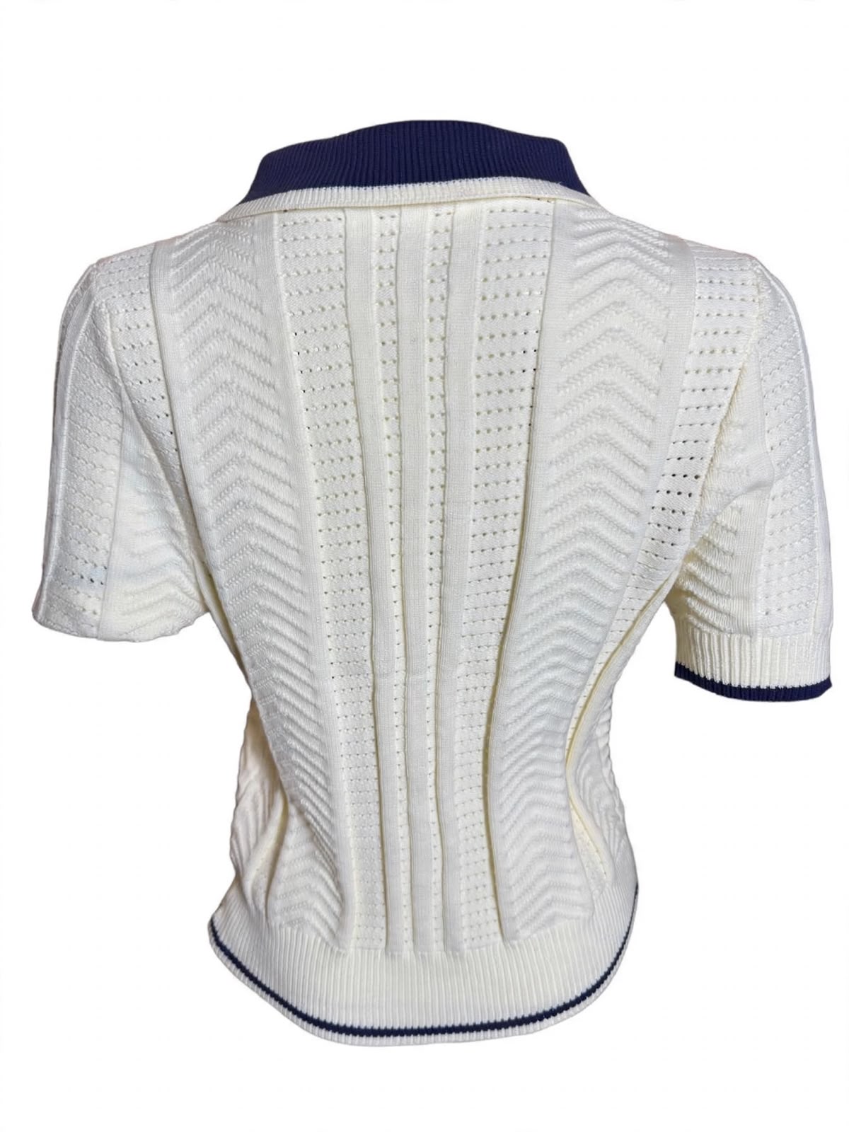 Cream Knit Polo Top with Navy Trim