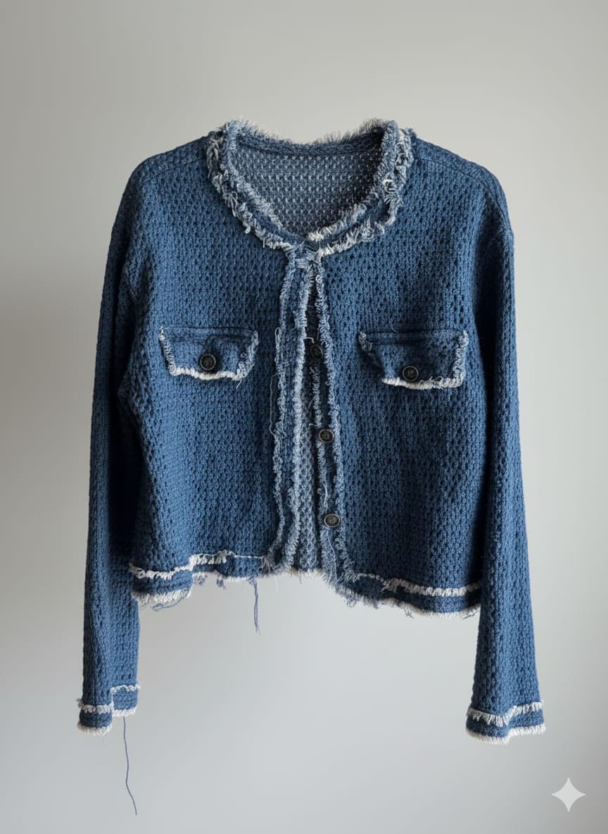 stylish, cropped blue tweed jacket with frayed trim and breast pockets, perfect for a chic winter look. - Small