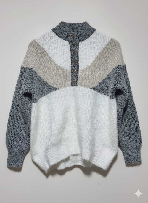 A cozy, color-block sweater featuring a high mock neck and a button-front placket.