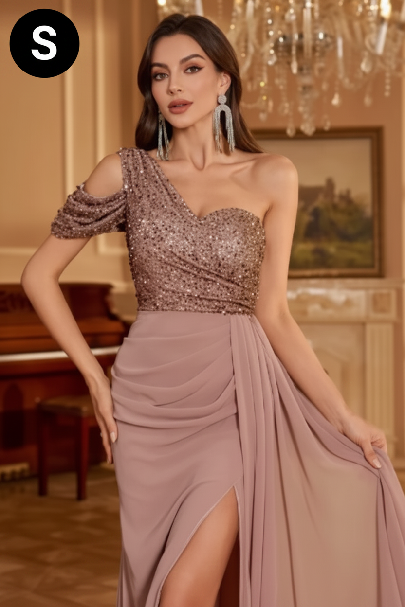 Dusty Rose One-Shoulder Sequin Evening Gown