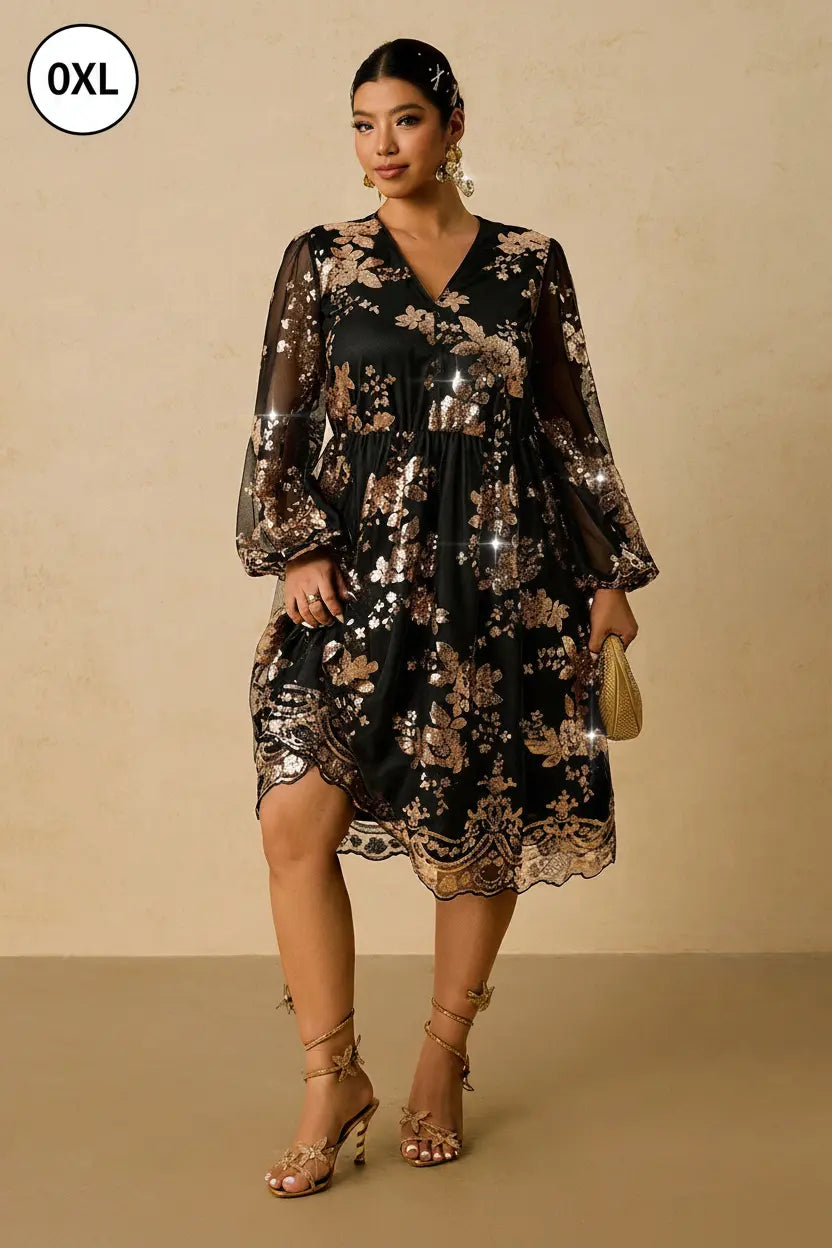 SHEIN VCAY Plus Size Sequin V-Neck Romantic Party Dress
