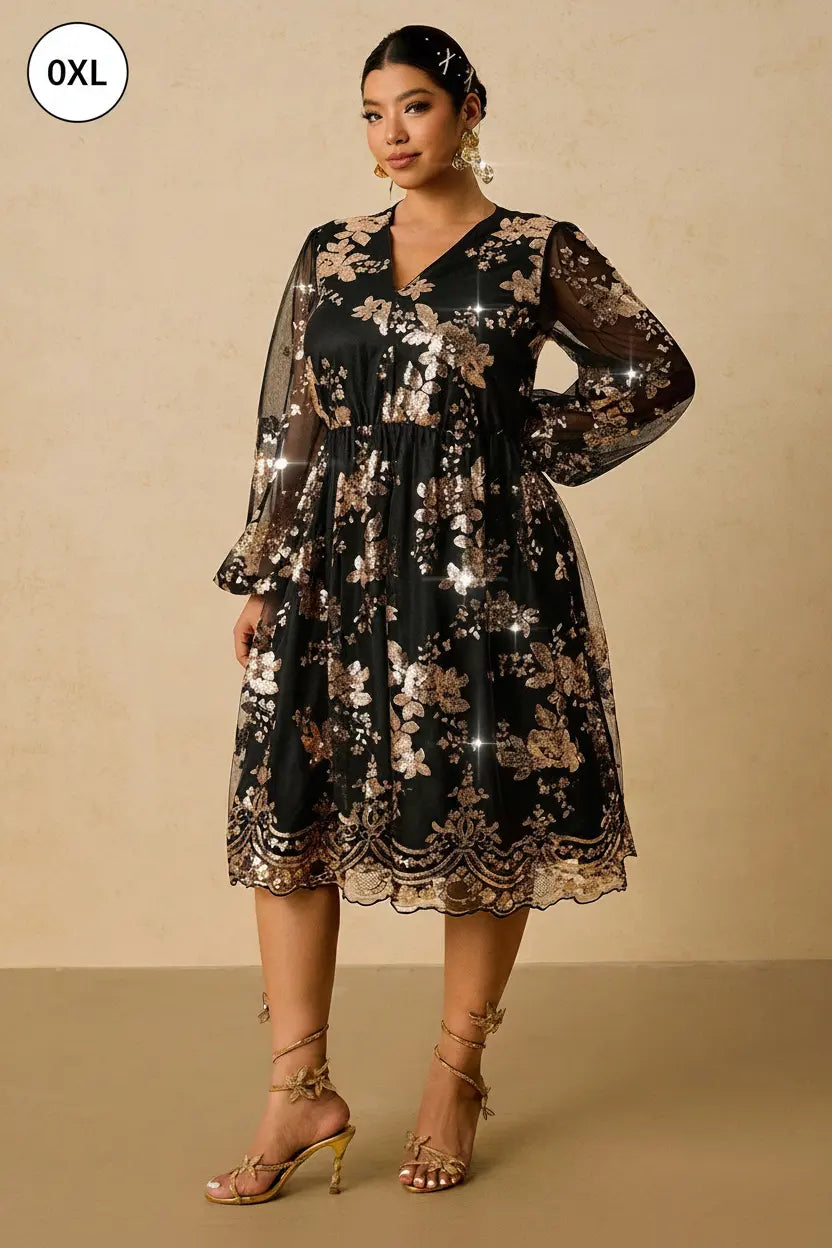 SHEIN VCAY Plus Size Sequin V-Neck Romantic Party Dress