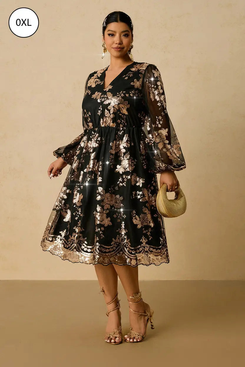 SHEIN VCAY Plus Size Sequin V-Neck Romantic Party Dress