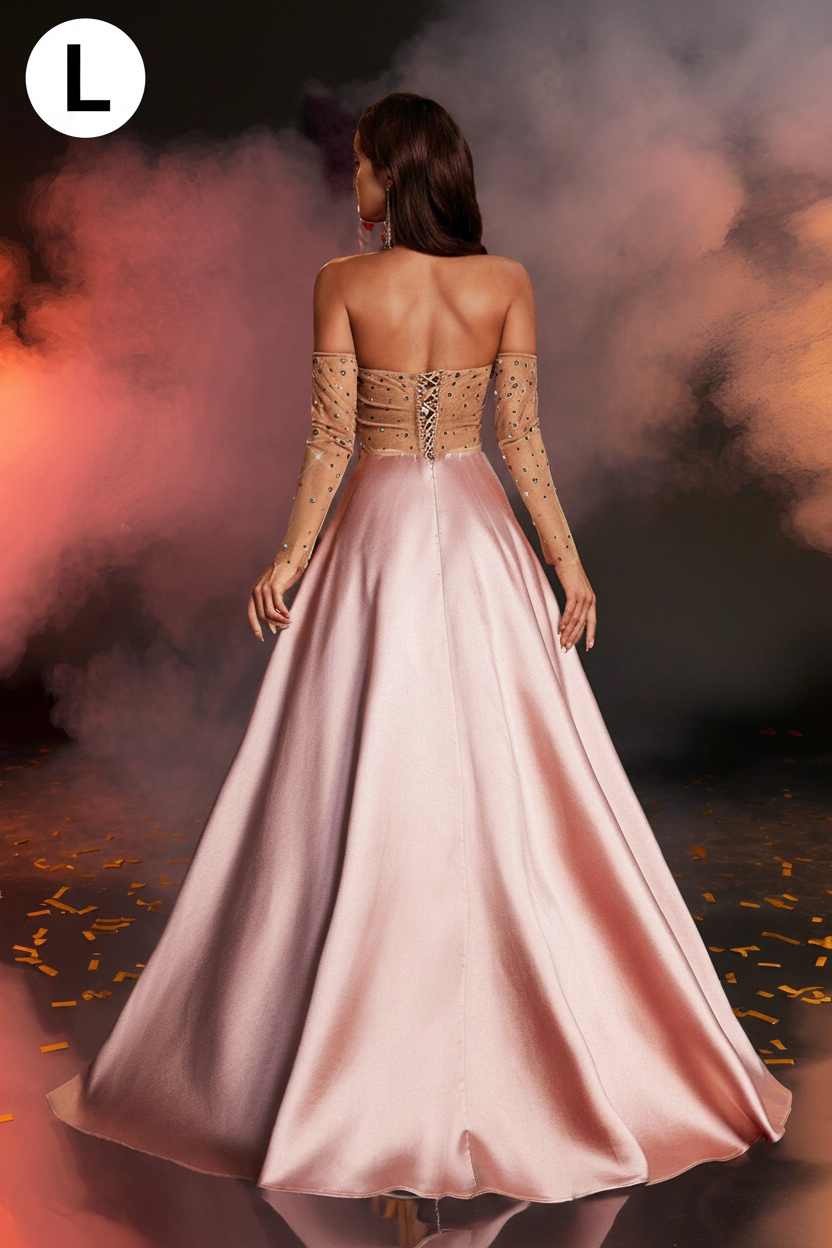 Glamrae Elegant Lotus Root Pink Off Shoulder Luxurious Rhinestone Embellished Dress