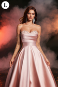 Glamrae Elegant Lotus Root Pink Off Shoulder Luxurious Rhinestone Embellished Dress
