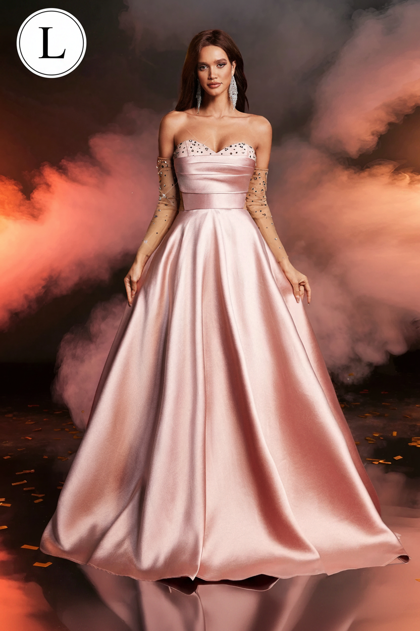 Glamrae Elegant Lotus Root Pink Off Shoulder Luxurious Rhinestone Embellished Dress