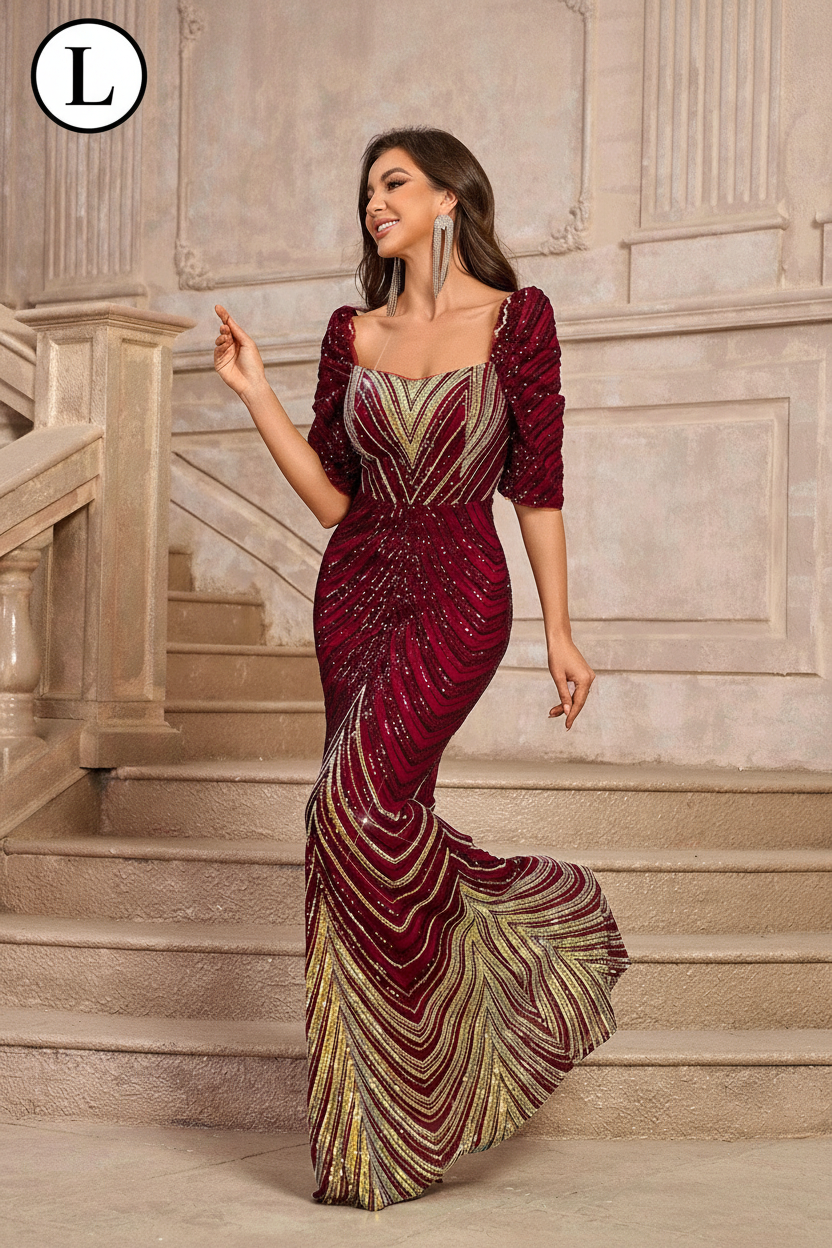 SHEIN Belle Burgundy Red Elegant &amp; Gorgeous Fringed Beaded Mermaid Dress