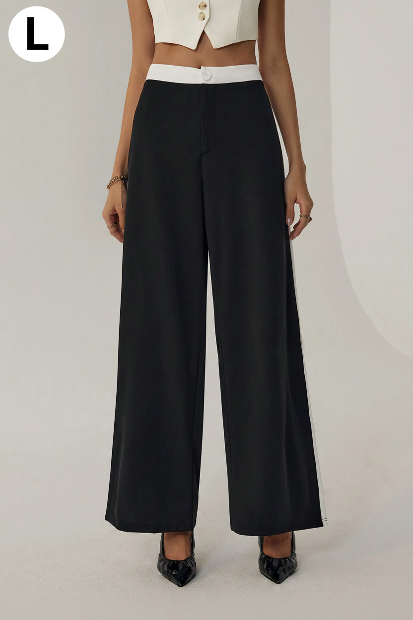 SHEIN Privé Women's Simple And Elegant Color-Blocked Loose Wide-Leg Pants