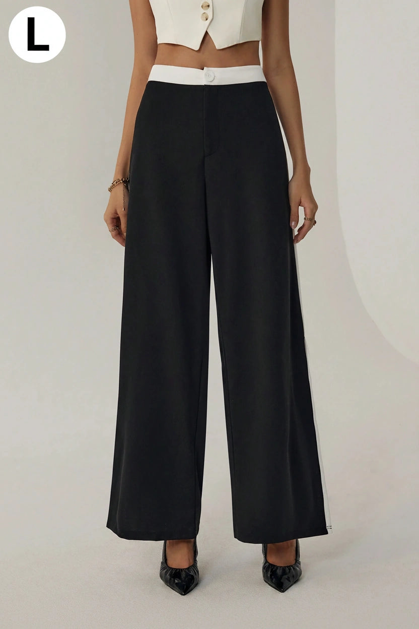 SHEIN Privé Women's Simple And Elegant Color-Blocked Loose Wide-Leg Pants