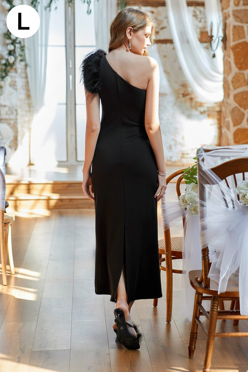 GENKIRA Women's One Shoulder Sleeveless Feather Dress