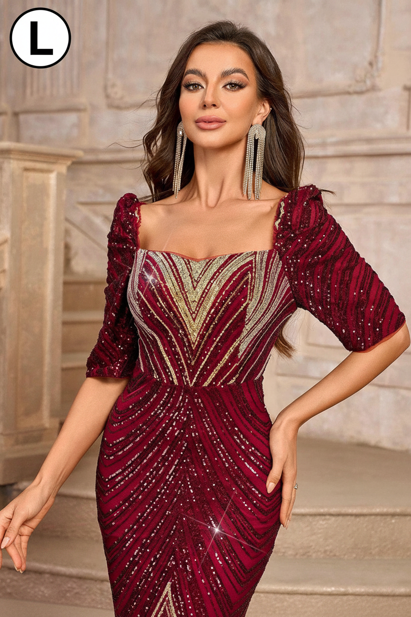 SHEIN Belle Burgundy Red Elegant &amp; Gorgeous Fringed Beaded Mermaid Dress