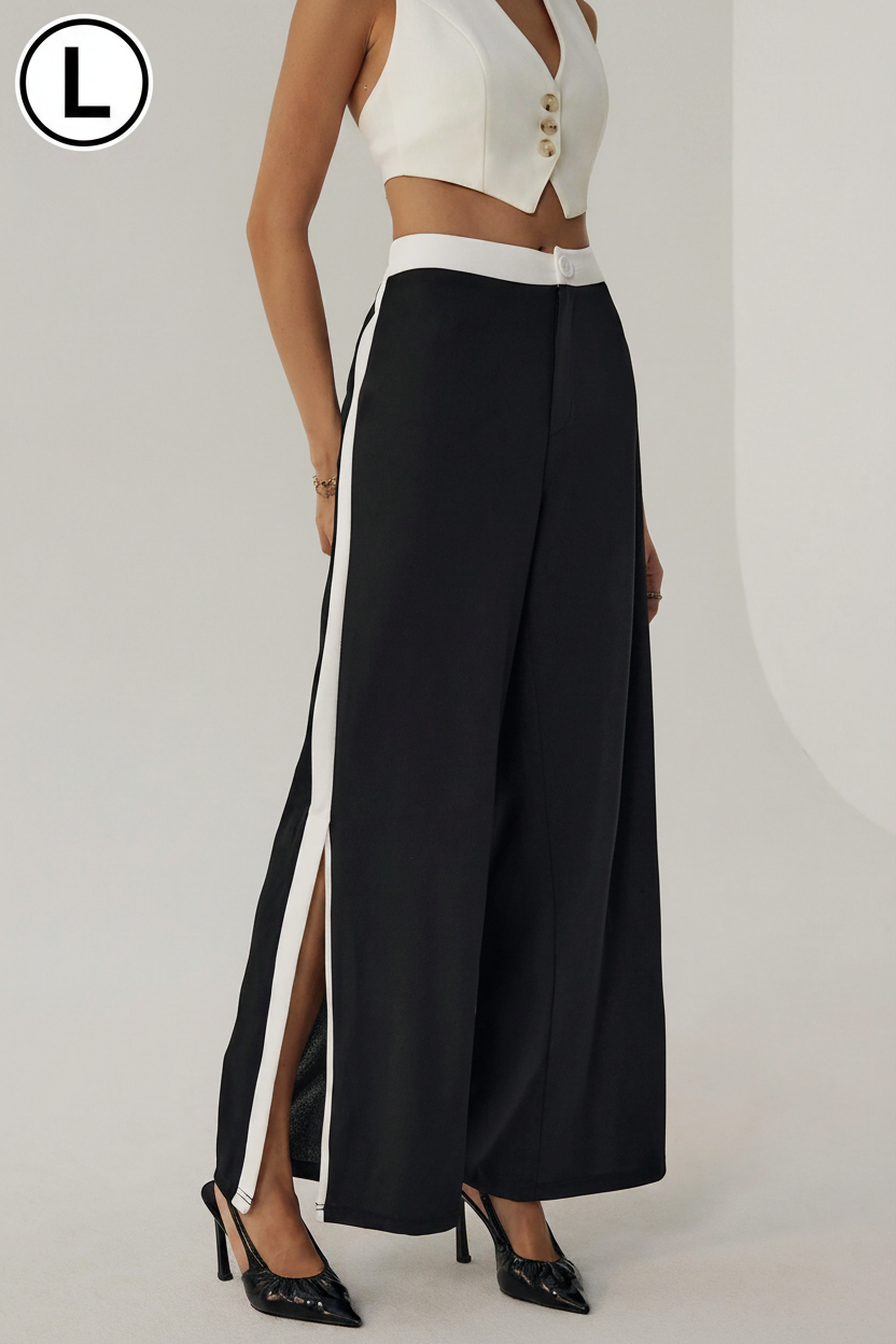 SHEIN Privé Women's Simple And Elegant Color-Blocked Loose Wide-Leg Pants