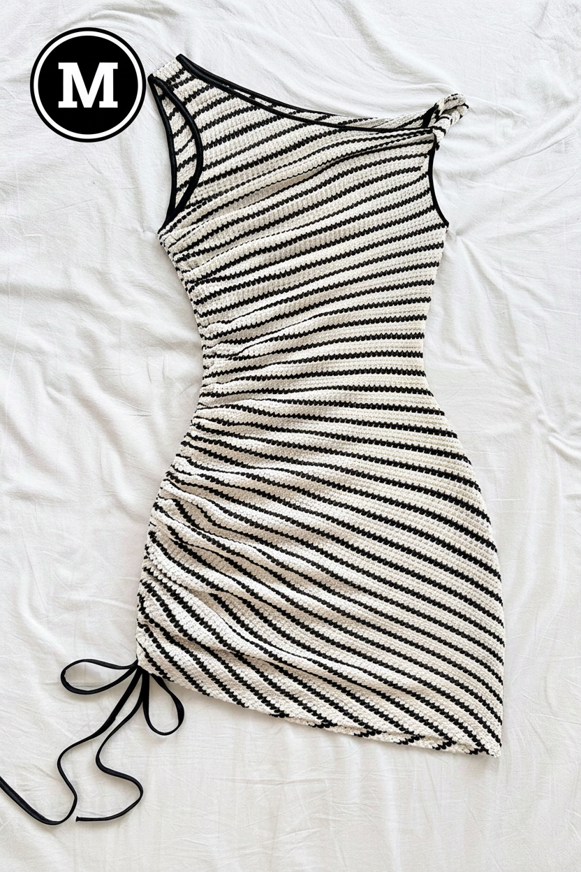 Soleia Women's Black And White Striped Checkered Asymmetrical Bodycon Mini Dress