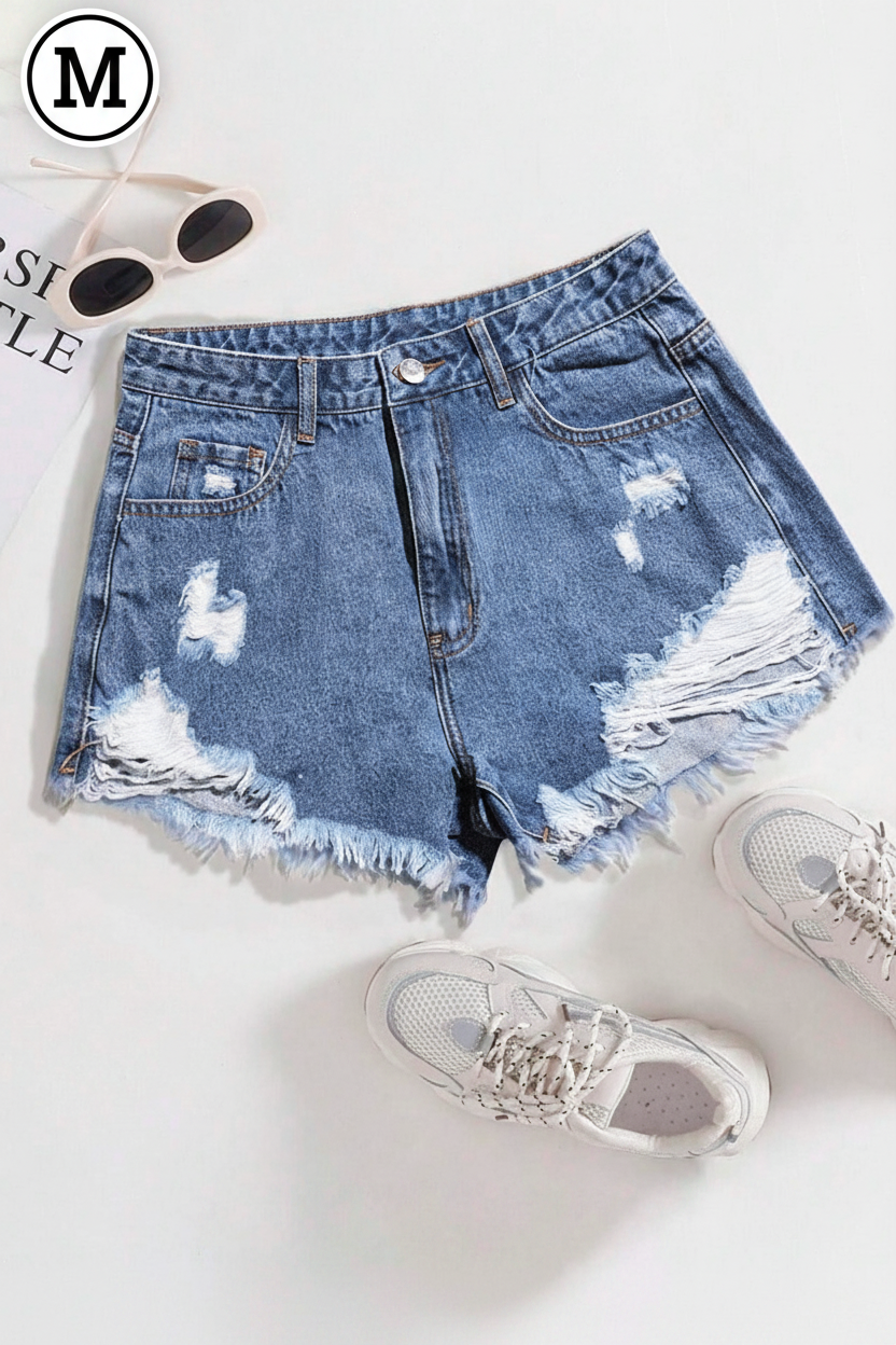 SHEIN EZwear Ladies' Casual Denim Shorts With Distressed Pockets And Frayed Hem Y2k
