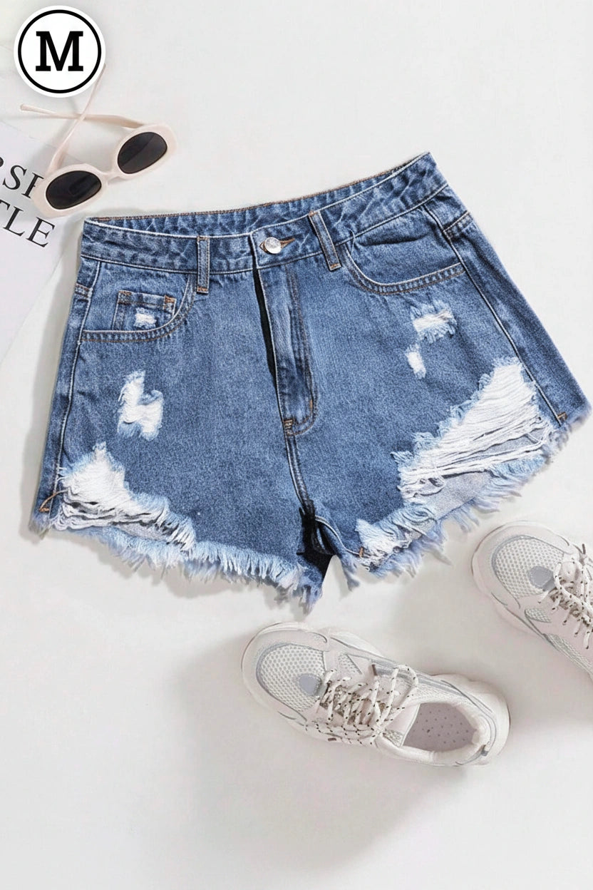 SHEIN EZwear Ladies' Casual Denim Shorts With Distressed Pockets And Frayed Hem Y2k
