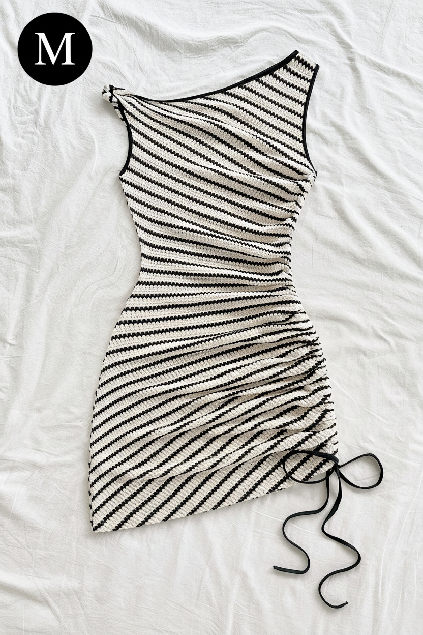 Soleia Women's Black And White Striped Checkered Asymmetrical Bodycon Mini Dress