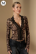 SHEIN BAE Solid Long Sleeve Blouse, Leopard Lace Patchwork