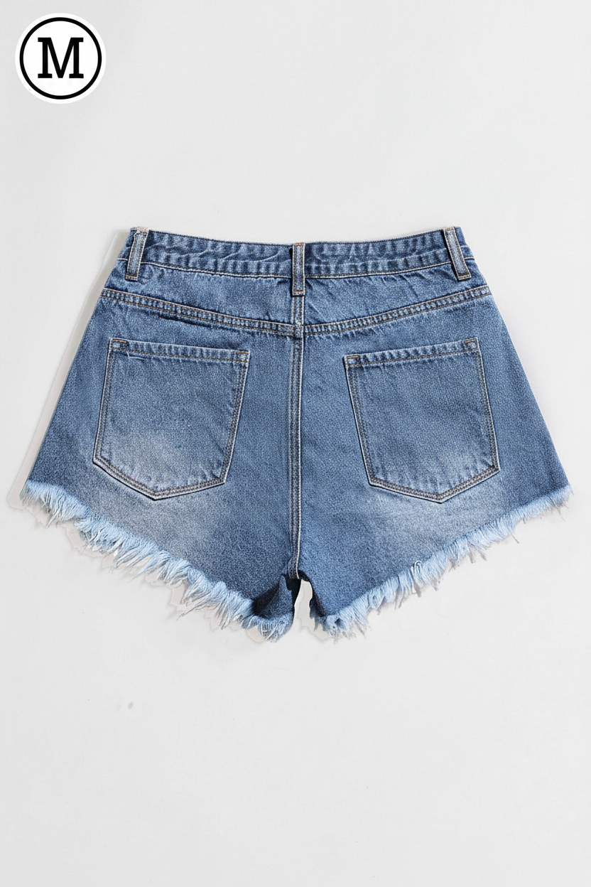 SHEIN EZwear Ladies' Casual Denim Shorts With Distressed Pockets And Frayed Hem Y2k
