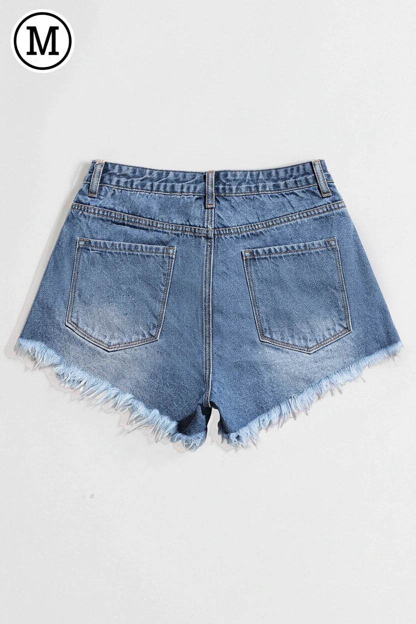 SHEIN EZwear Ladies' Casual Denim Shorts With Distressed Pockets And Frayed Hem Y2k