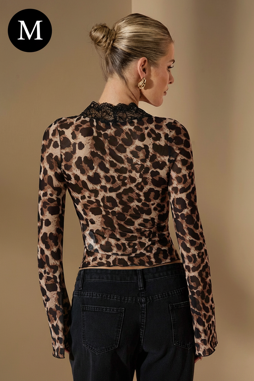 SHEIN BAE Solid Long Sleeve Blouse, Leopard Lace Patchwork