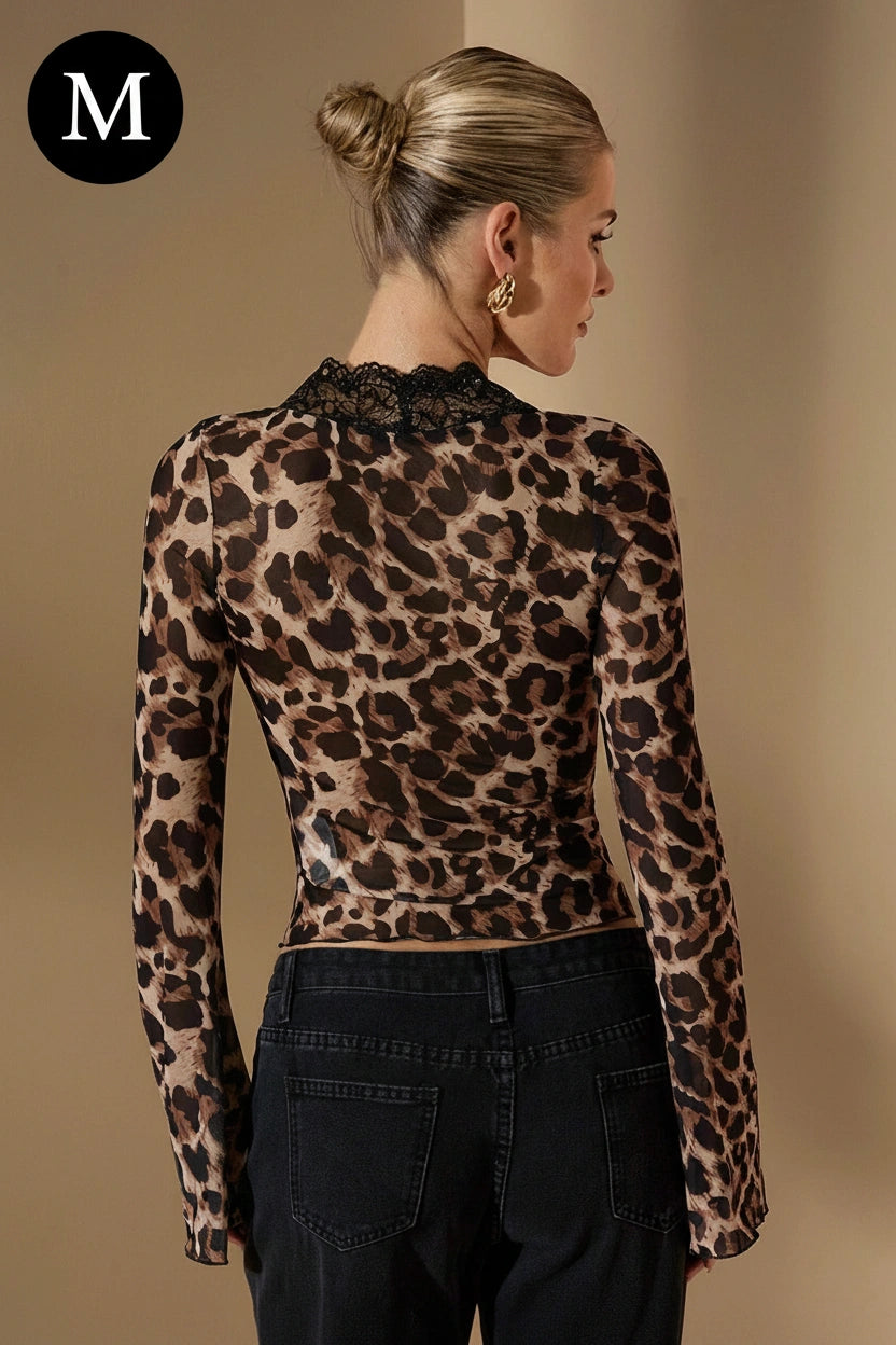 SHEIN BAE Solid Long Sleeve Blouse, Leopard Lace Patchwork