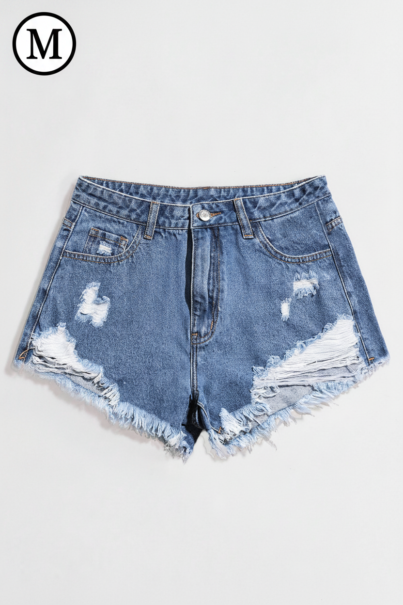 SHEIN EZwear Ladies' Casual Denim Shorts With Distressed Pockets And Frayed Hem Y2k