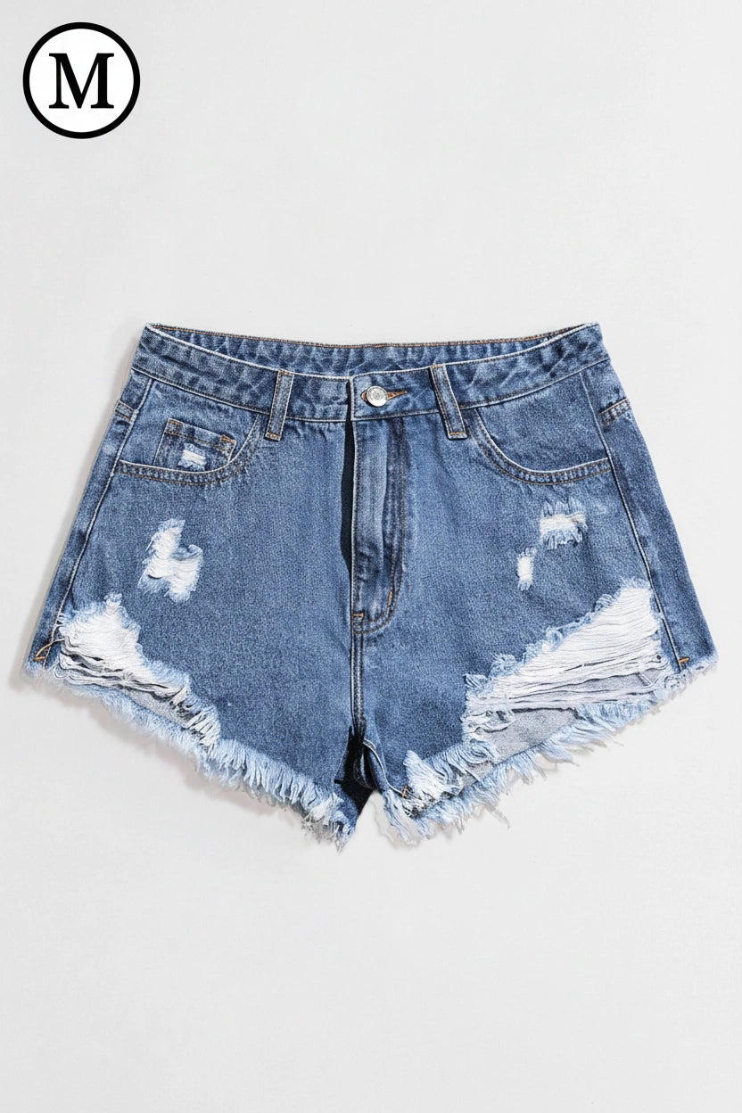SHEIN EZwear Ladies' Casual Denim Shorts With Distressed Pockets And Frayed Hem Y2k